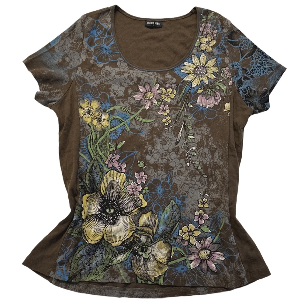 Y2K VANILLA SUGAR women's brown colourful floral graphic tee, 1X.